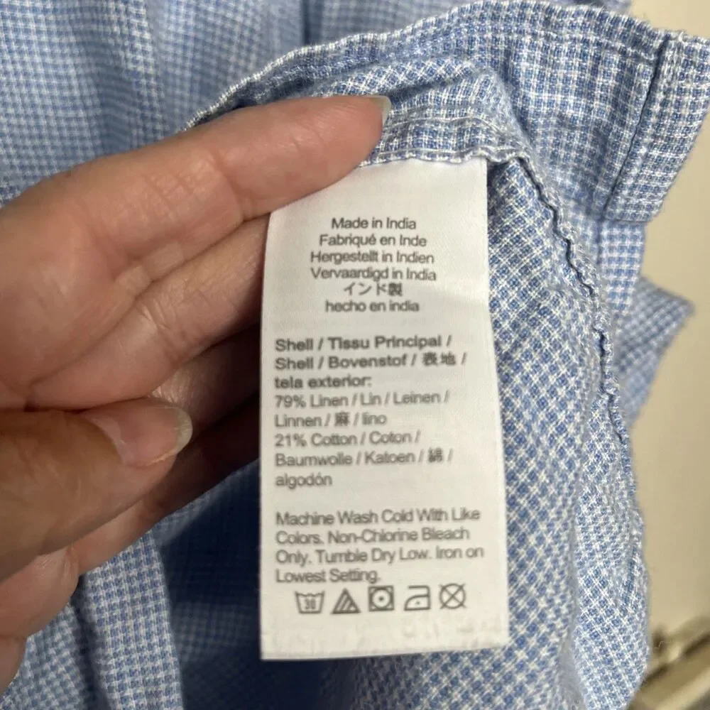 J Crew Linen Cotton Gingham Long Sleeve Button Down Collar Dress Shirt SZ M